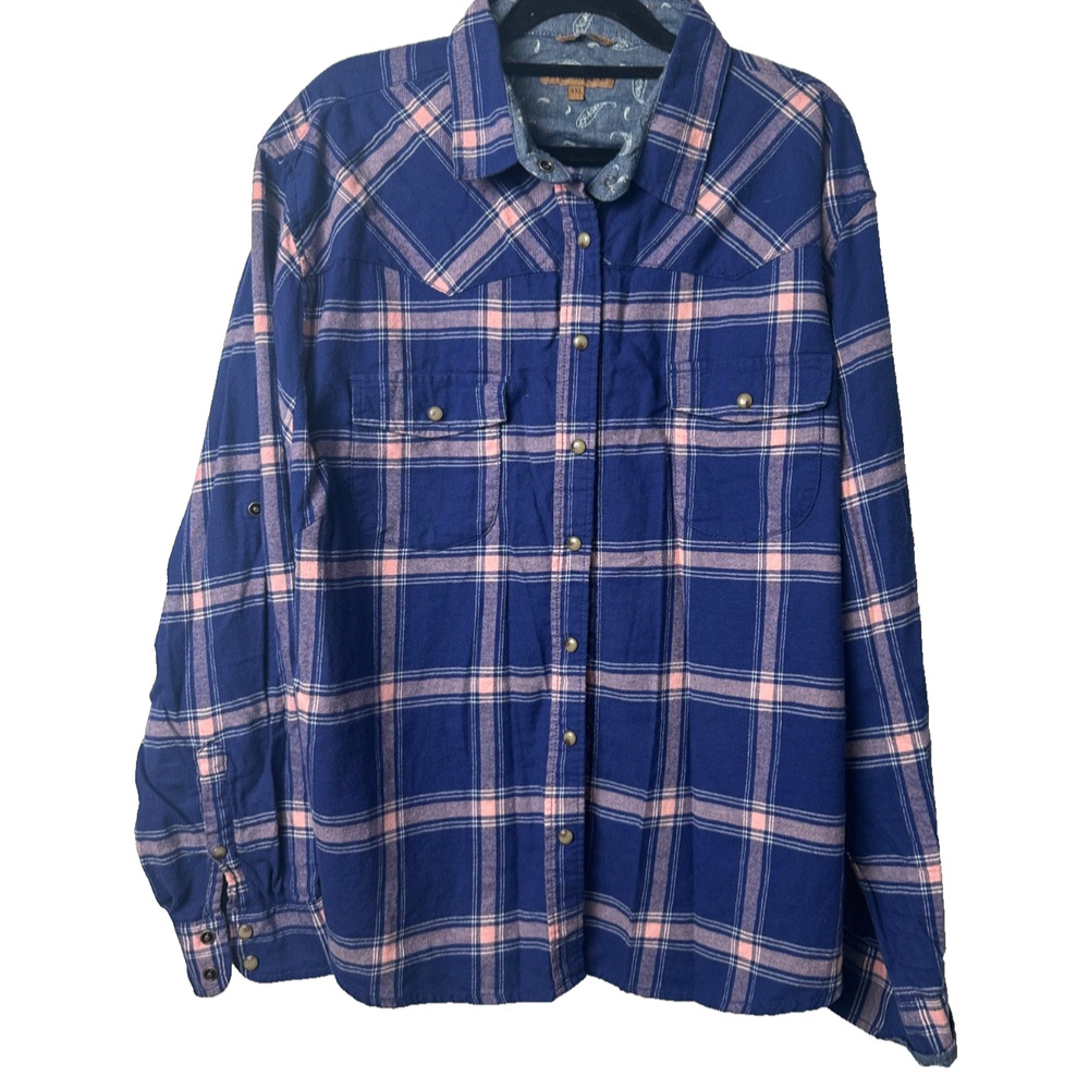 Jachs Girlfriend Top Womens 2XL Blue/Purple Plaid Comfort Stretch Pearl Snap D1
